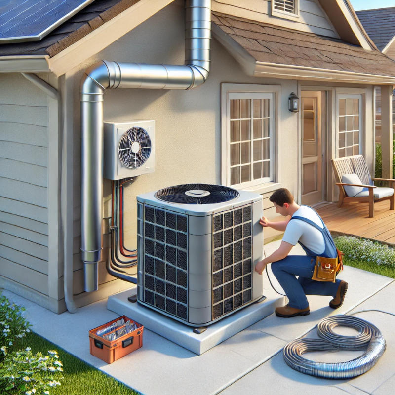 HVAC technician installing a central air conditioning unit outside a suburban home, connecting ductwork and setting up the system