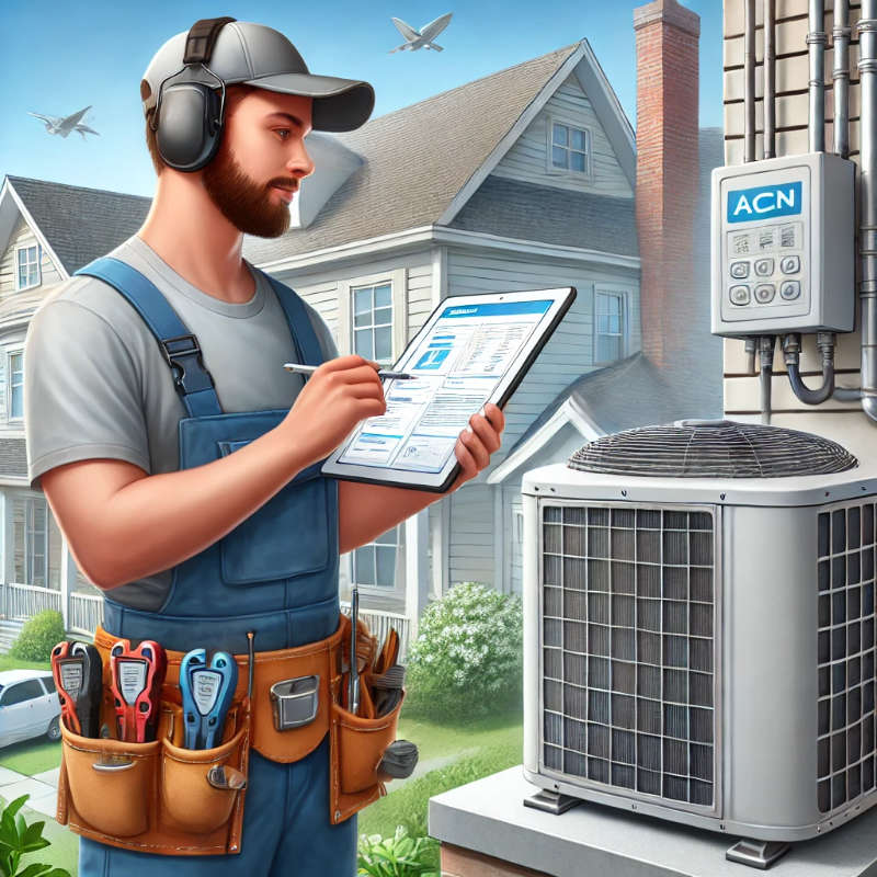 HVAC technician working on an air conditioning unit while using a mobile tablet to view job details, with a residential building in the background.