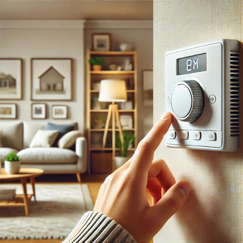 Homeowner adjusting a traditional wall thermostat in a living room, reflecting standard home HVAC system use