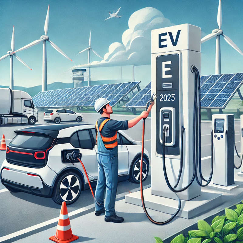 Electrical contractor installing an electric vehicle charging station at a highway rest stop, powered by renewable energy sources like solar panels and wind turbines