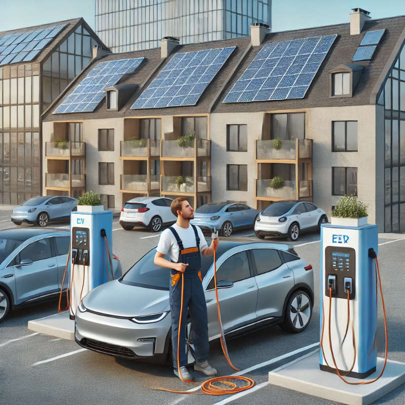 Electrical contractor installing electric vehicle charging stations in a residential apartment complex, connecting them to a renewable energy-powered grid with solar panels on rooftops