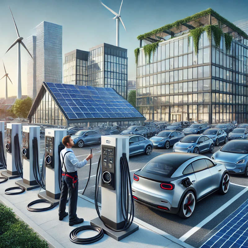 Electrical contractor installing multiple electric vehicle charging stations in the parking lot of a commercial building, connected to a renewable energy-powered grid