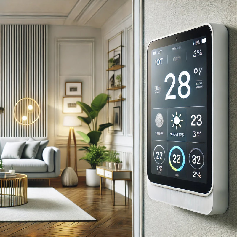 IoT-enabled smart thermostat with a sleek touchscreen interface in a modern home, displaying temperature and energy options, connected to the home's HVAC system for efficient climate control.