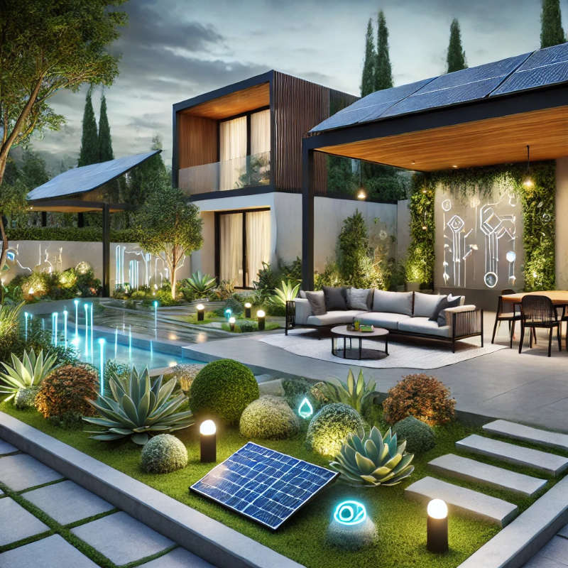 A large eco-friendly residential garden featuring solar-powered lighting, drought-resistant plants, and rainwater harvesting.