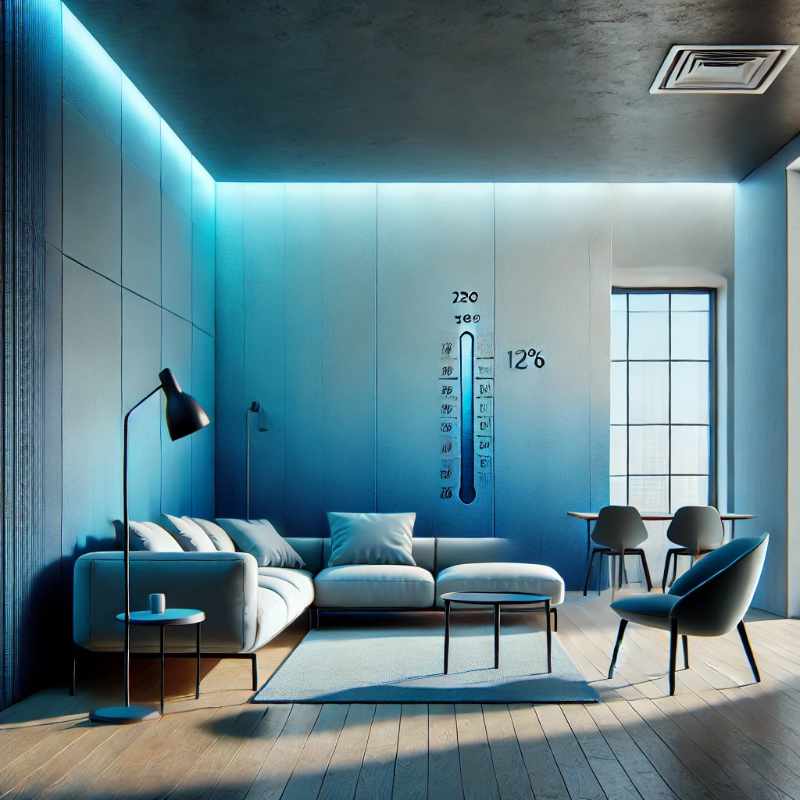 A modern living room with walls coated in thermochromic paint, changing color from deep blue to light blue based on temperature fluctuations.