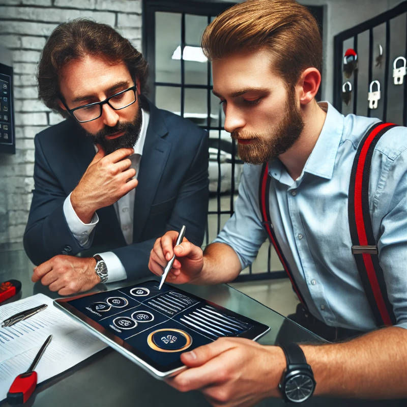 A locksmith conducting a security consultation with a business owner, reviewing data on a tablet for a multi-layered security system.