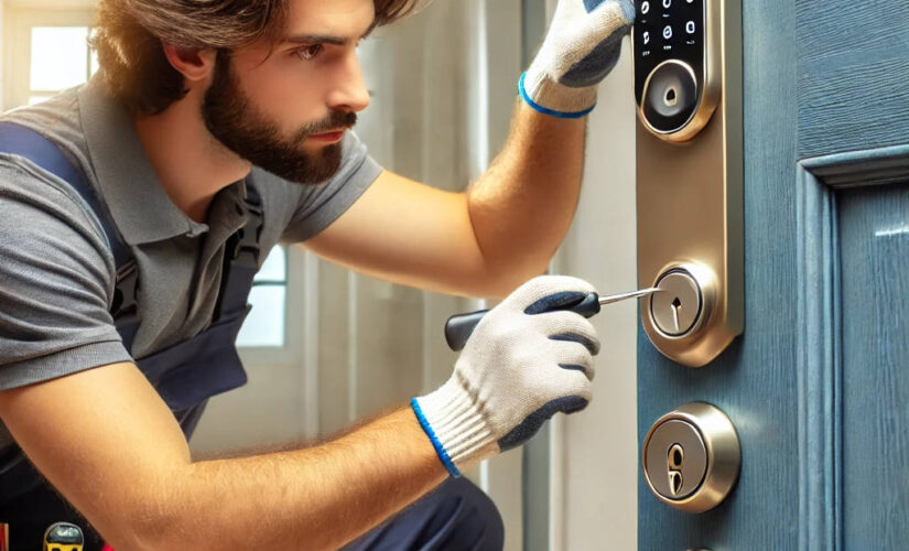 Locksmith installing a smart lock, showcasing 2025 locksmith trends in smart home security.
