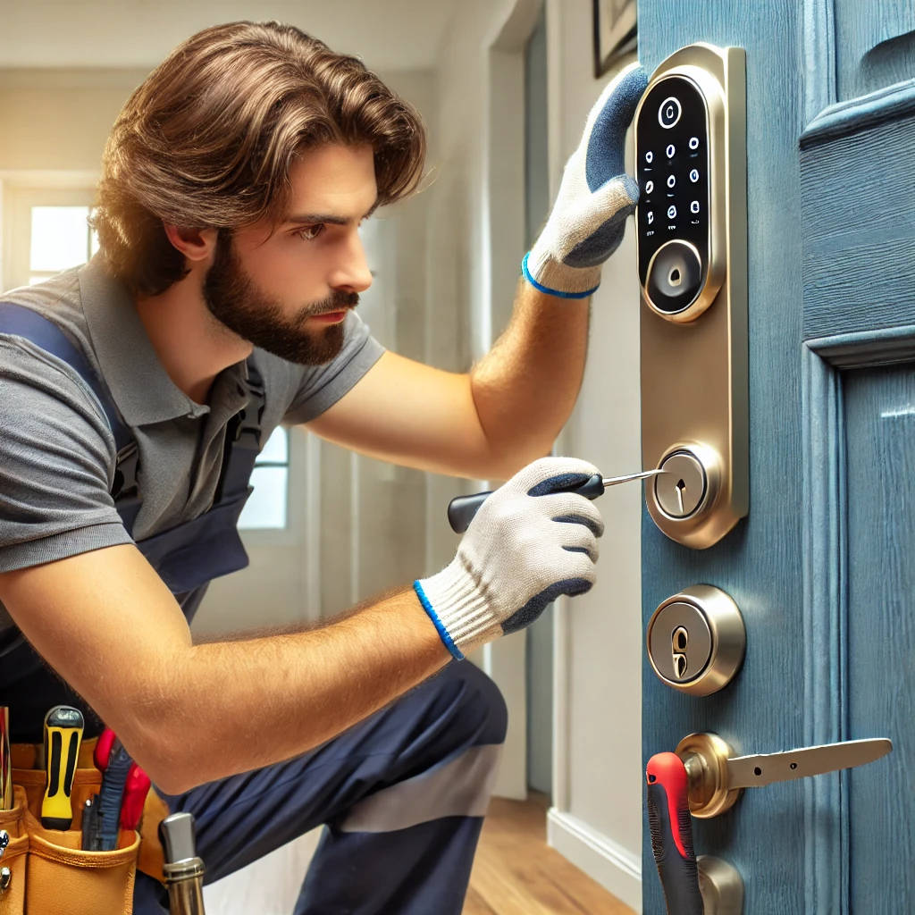 Locksmith installing a smart lock, showcasing 2025 locksmith trends in smart home security.