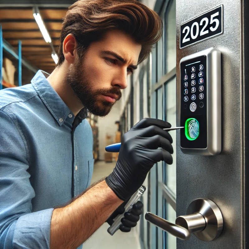 A locksmith installing a biometric access control system with a fingerprint scanner at the entrance of a commercial building.