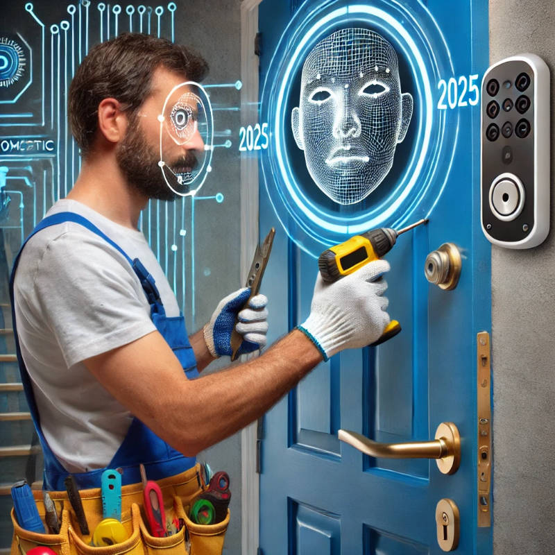 A locksmith installing a facial recognition lock on a residential door with AI-powered security systems in the background.