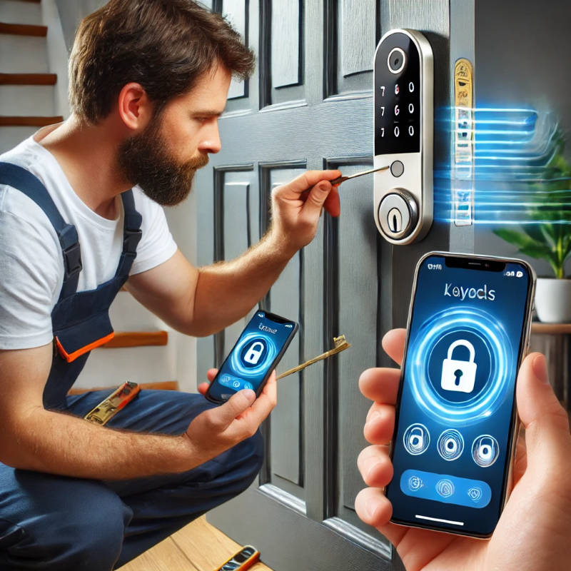 A locksmith installing a smart lock with mobile and biometric integration, showing a smartphone app for controlling the lock.