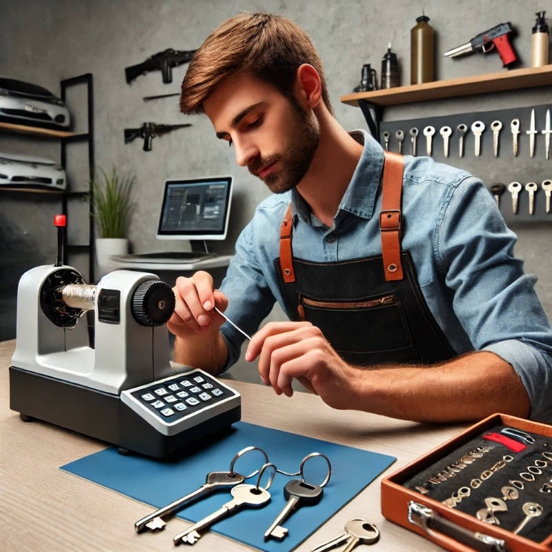 A locksmith in a workshop using a mobile key-cutting machine to create duplicate keys for a customer.