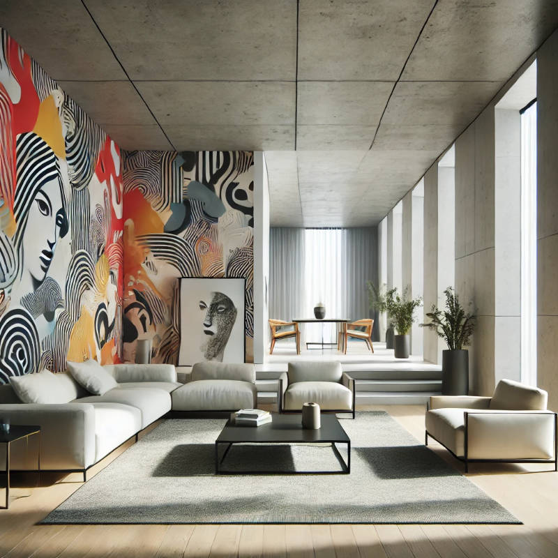 A modern living room with a bold wallpaper feature wall, minimal furniture, and vibrant artistic pieces.