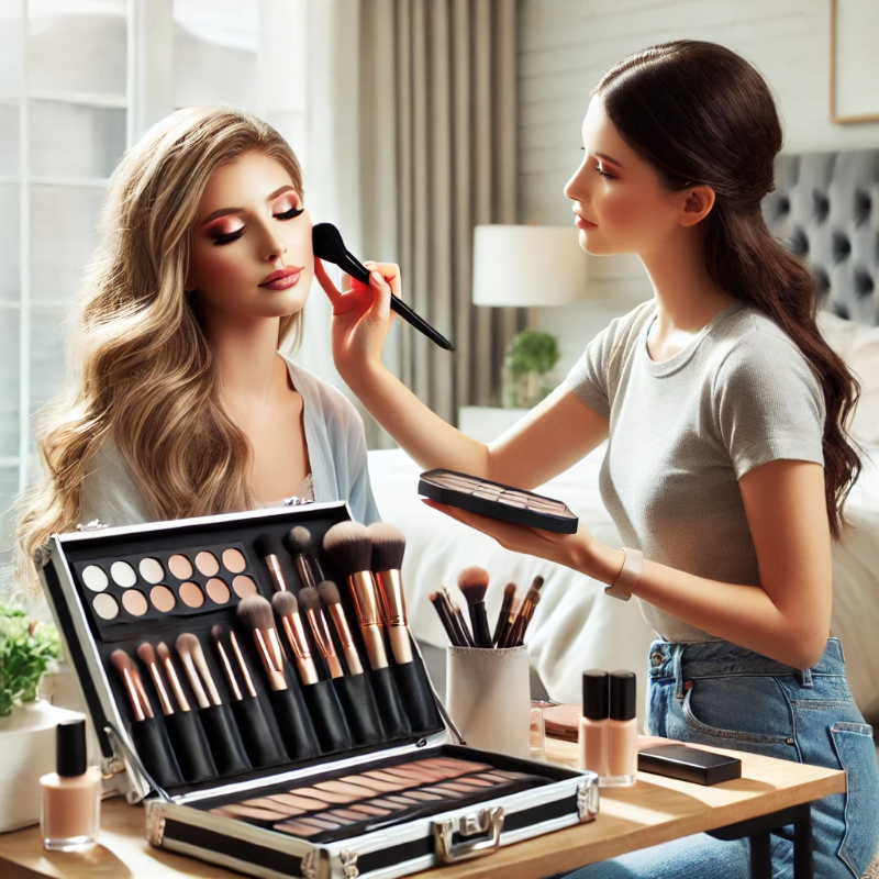 A mobile beauty professional applying makeup for a client in a modern home, using portable beauty products and makeup tools.