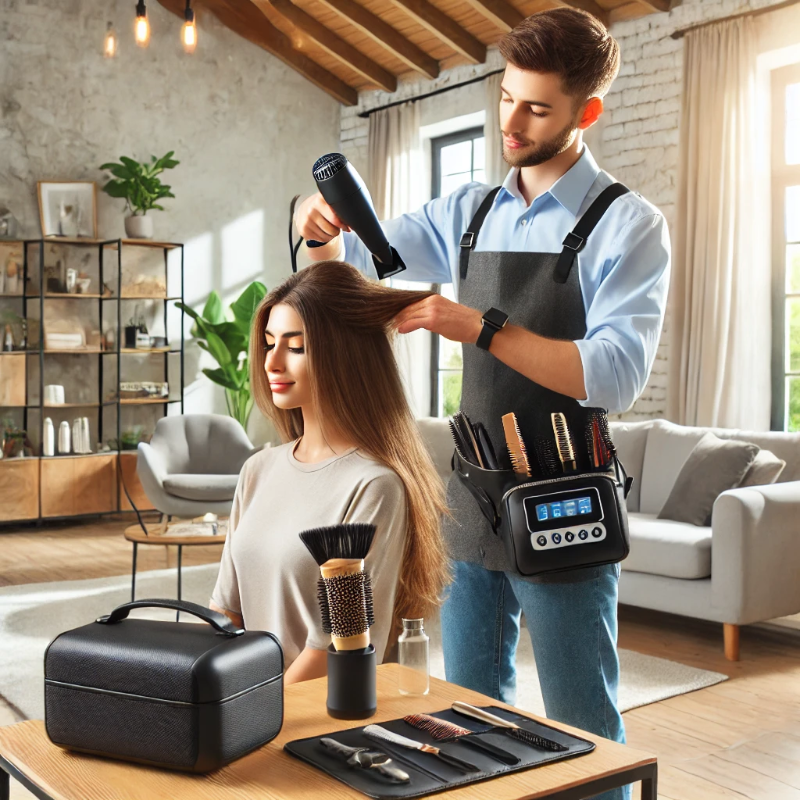 A mobile beauty professional performing a haircut and styling for a client in a modern home, using portable hairdressing tools.