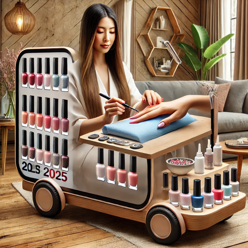 A mobile beauty professional providing a personalized nail design service at home, using portable beauty tools and customized nail art options tailored to the client’s preferences.