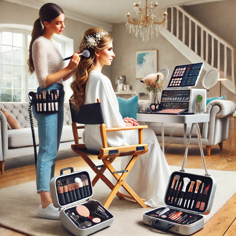 A mobile beauty professional providing an all-in-one bridal package, including hair styling, makeup, and nails, in a modern home setting.