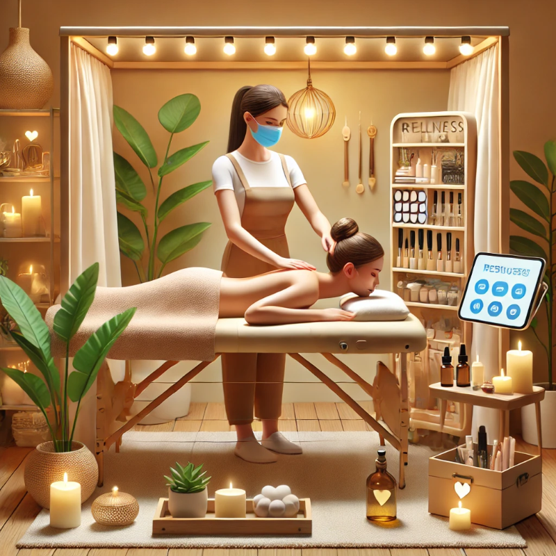 A mobile beauty professional offering a relaxing wellness service, including massage and facial treatments, in a cozy home setting.