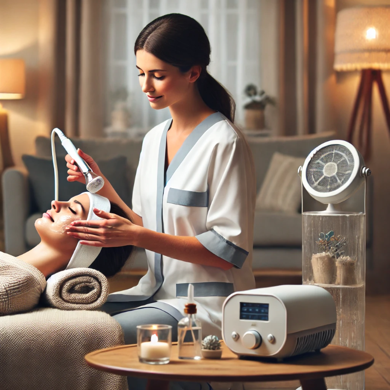 A mobile beauty professional providing a relaxing facial treatment for a client in a modern home, using portable skincare tools like a facial steamer and massage equipment.