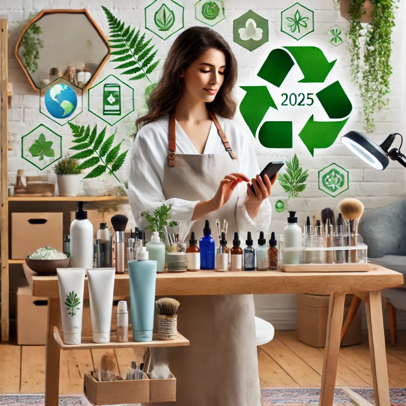 A mobile beauty professional using eco-friendly, non-toxic beauty products and sustainable tools in a modern home setting, reflecting environmentally conscious practices.