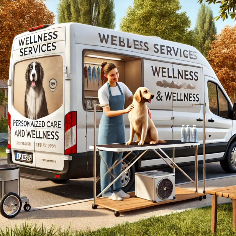 A mobile groomer massaging a relaxed dog on a portable grooming table, with a van featuring wellness branding parked in a suburban neighborhood.