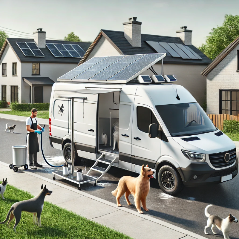 A mobile dog grooming van with solar panels and eco-friendly branding, a groomer is trimming a dog’s fur outside while other dogs play nearby in a suburban area.