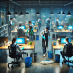 A team of professional cleaners working at night in a dimly lit office, cleaning desks and mopping floors.