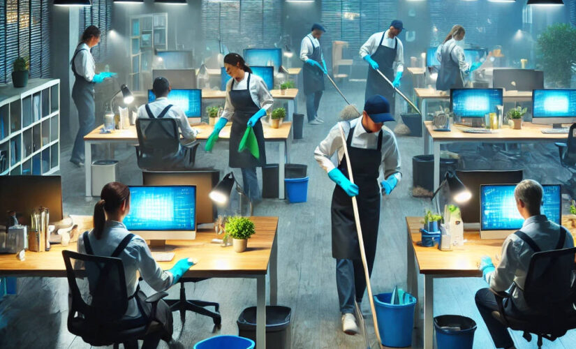 A team of professional cleaners working at night in a dimly lit office, cleaning desks and mopping floors.