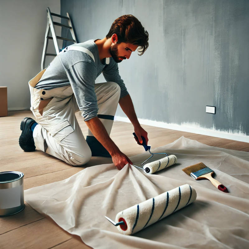 A painter in uniform preparing a room by laying down protective sheets.