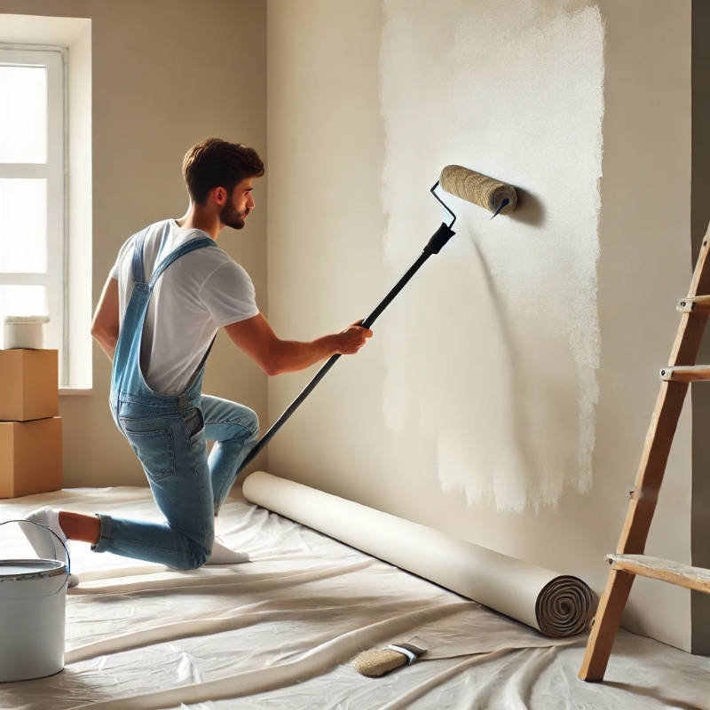 A painter using a roller to cover a large wall in a neutral color.