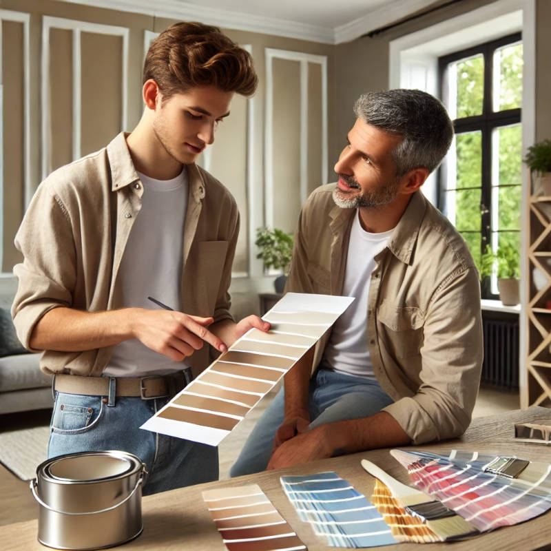 A professional painter and a client selecting personalized color swatches in a well-lit modern room.