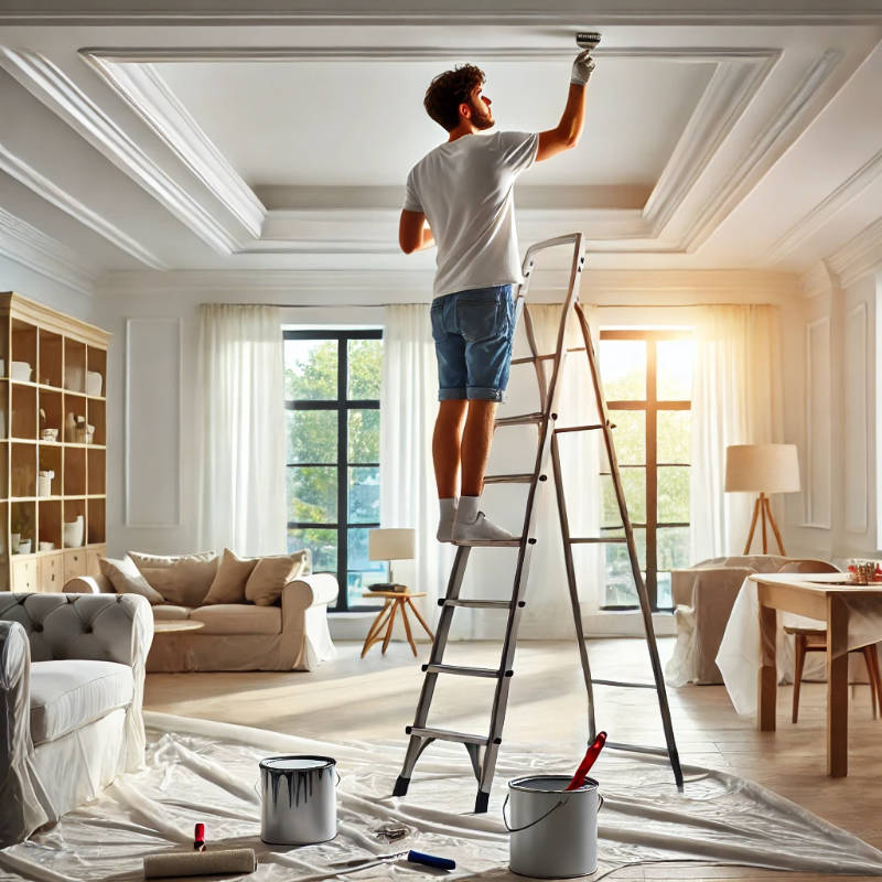 A painter on a ladder focusing on painting the ceiling in a bright room.