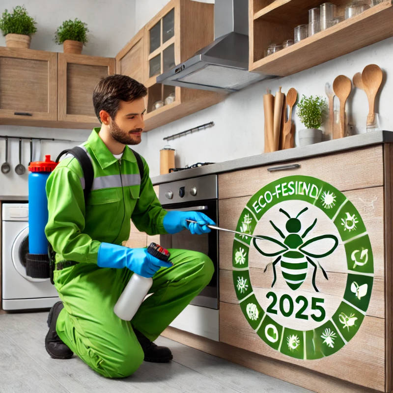 A pest control technician treating a modern kitchen with eco-friendly pest control products in 2025.