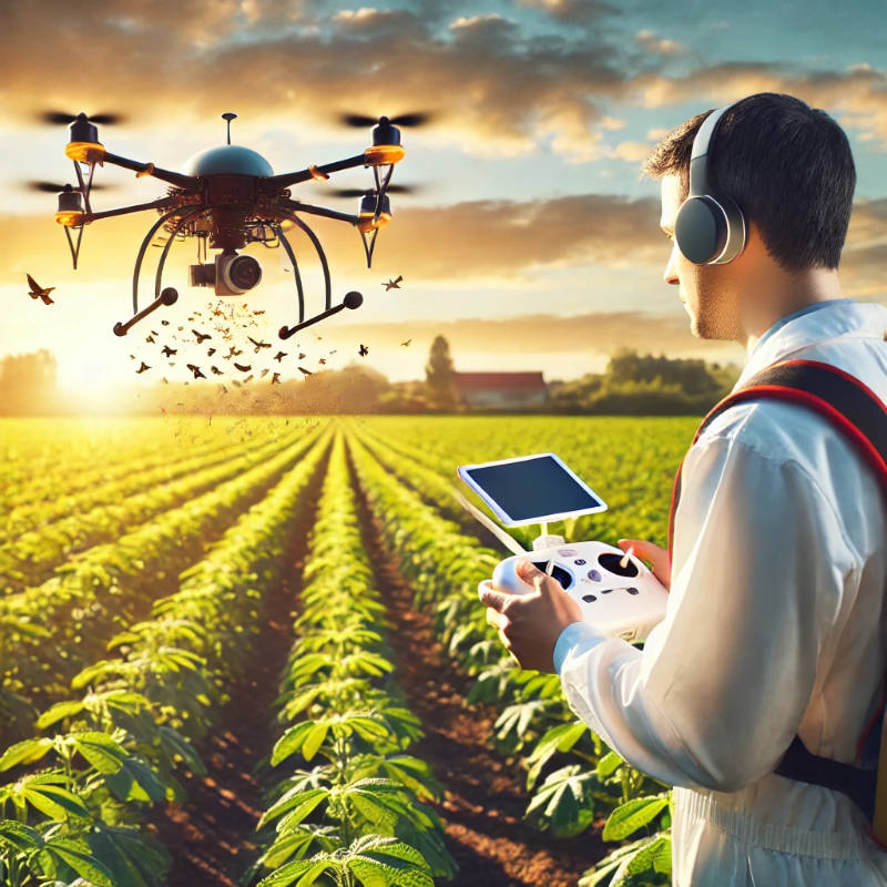 A pest control technician using a drone to inspect an agricultural field for pest activity in 2025.