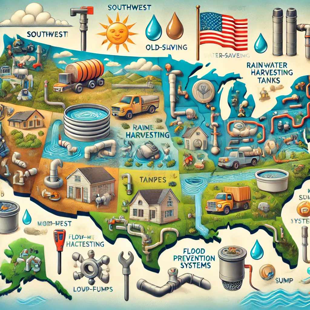 Map of the United States showing regional plumbing trends, including water conservation in the Southwest, retrofitting in the Northeast, new residential plumbing in the Midwest, flood prevention in the Southeast, and green plumbing solutions in the Pacific Northwest.