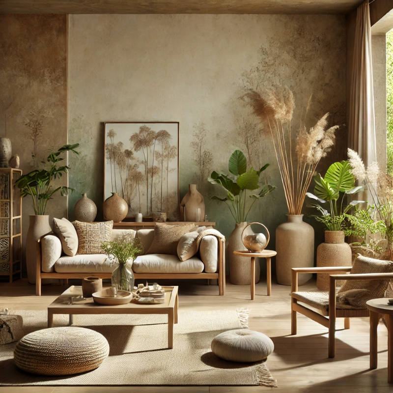 A calming living room featuring earth tones, botanical motifs, wooden furniture, and large windows for natural light.