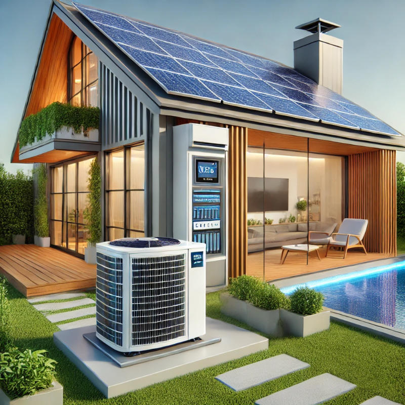 Smart HVAC system with an outdoor unit connected to solar panels on a modern home, illustrating renewable energy integration for efficient climate control.