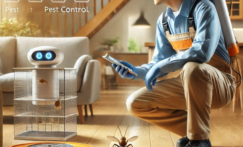 A pest control technician using smart tools and devices in a modern home for pest management in 2025