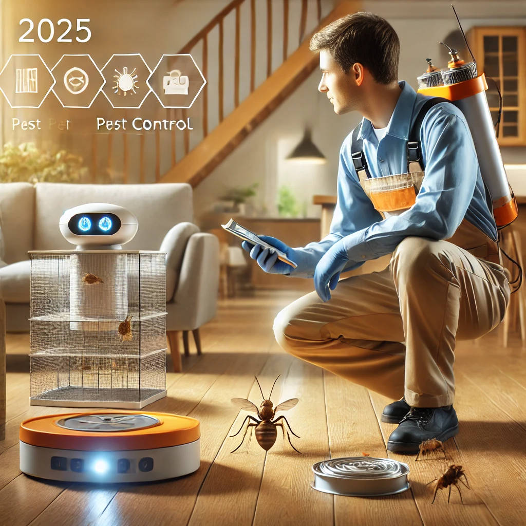 A pest control technician using smart tools and devices in a modern home for pest management in 2025