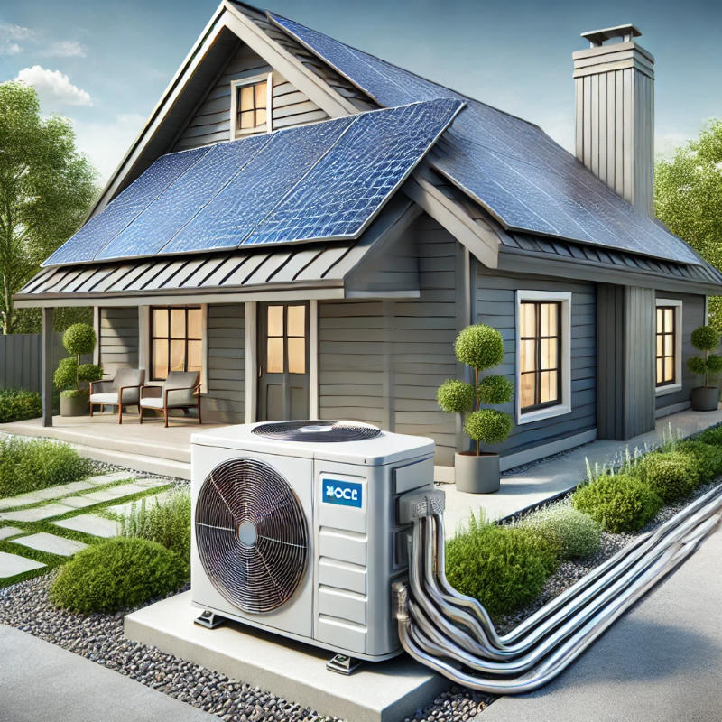 Solar-powered HVAC system installed outside a modern home, connected to rooftop solar panels, illustrating renewable energy use for efficient heating and cooling.