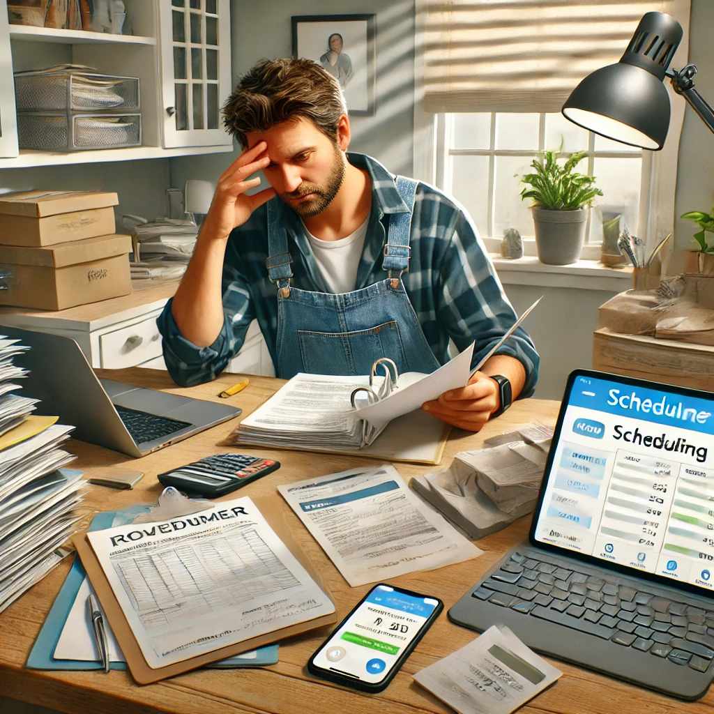 Realistic illustration of a solo contractor in a small workspace surrounded by paperwork and technology, using automation tools for scheduling and invoicing.