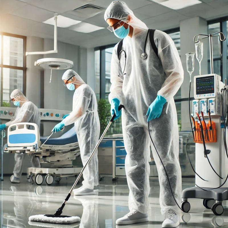 A team of professional cleaners wearing protective gear disinfecting surfaces in a healthcare environment.