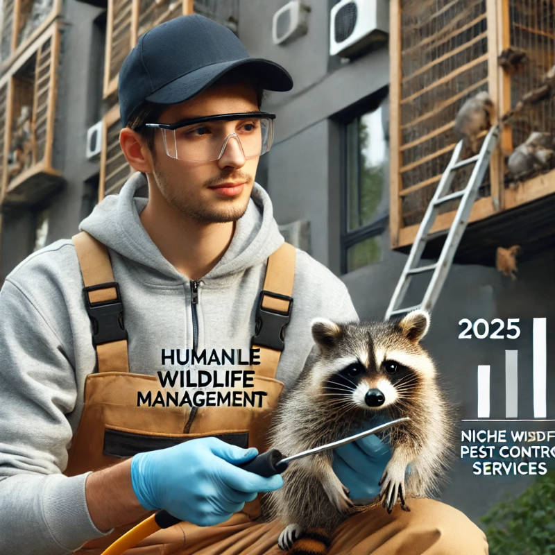 A pest control technician providing wildlife management services, humanely removing raccoons from a building in an urban area.