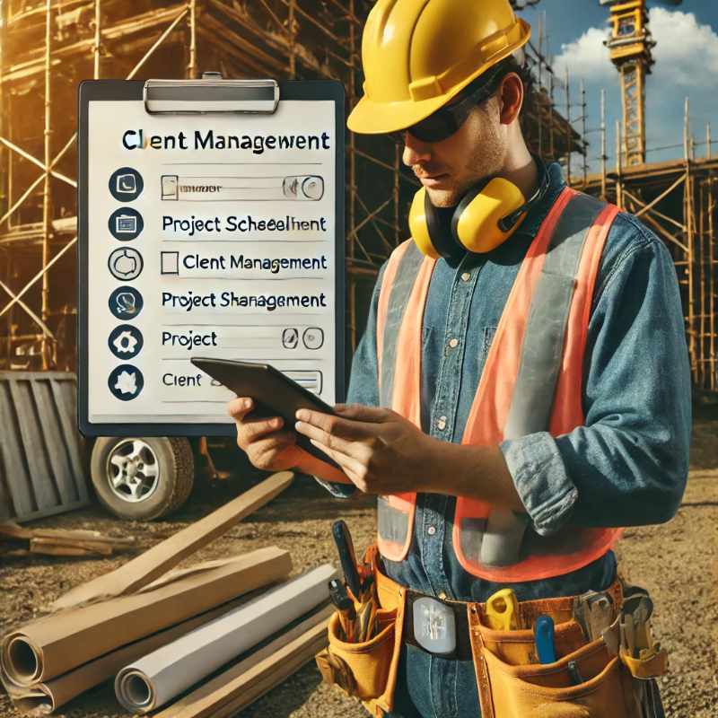 Contractor at a construction site managing client information and scheduling tasks with CRM software on a mobile device.