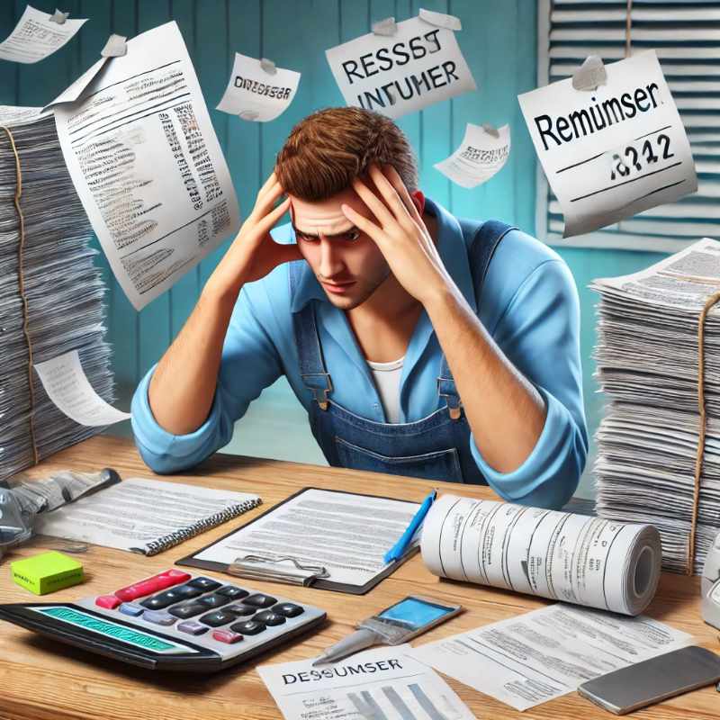 A stressed contractor manually managing tasks with paper documents, a calculator, and spreadsheets, surrounded by scattered invoices and missed appointment reminders.