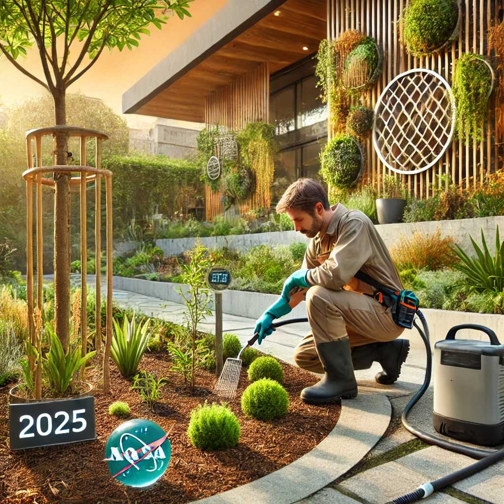 Sustainable residential garden showcasing drought-resistant plants, smart irrigation, and modern hardscaping, representing 2025 landscaping and gardening trends.