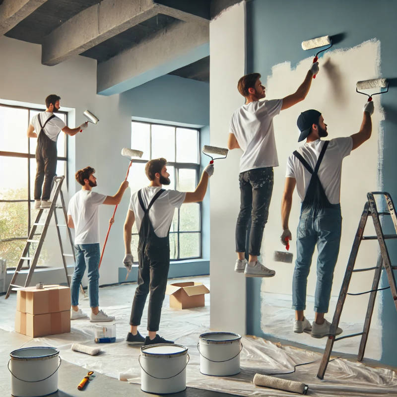 A team of painters collaborating on a room's design, using brushes and rollers.