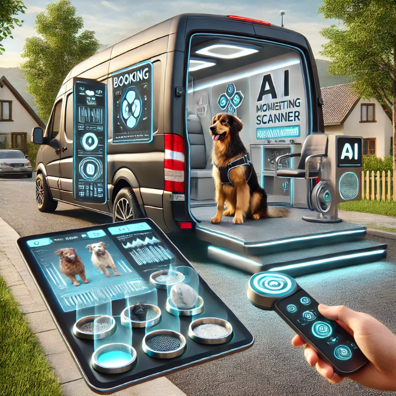 A mobile dog groomer using a tablet for scheduling through a booking app while AI-powered tools scan a dog's health in a futuristic van.