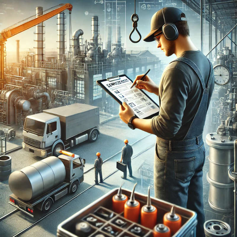 Technician completing a service report on a mobile device near industrial equipment, with a factory in the background