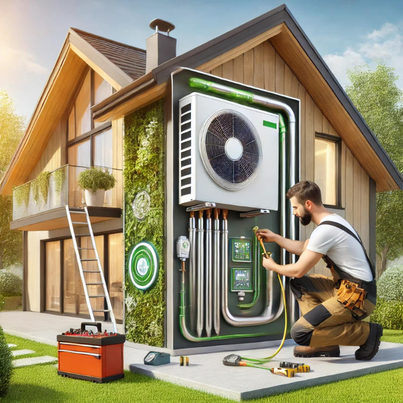 Technician installing a sustainable HVAC system with a heat pump outside a modern home, demonstrating the setup of energy-efficient and eco-friendly HVAC technology.